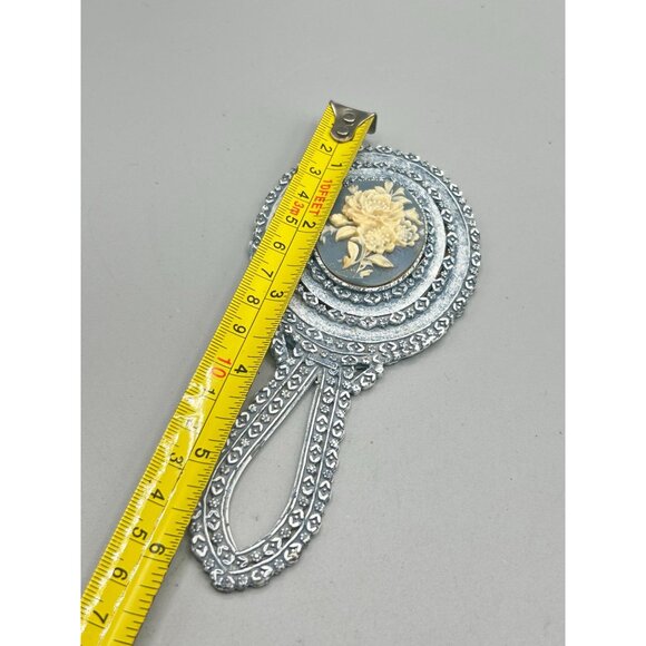 Vintage Florenza Small Hand Mirror Dusty Blue Enamel with Floral Resin Cameo - Picture 4 of 12